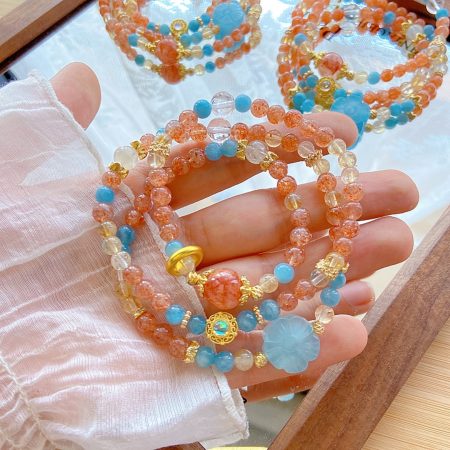 All-natural aquamarine gold sun yellow tower crystal red gum flower three-circle bracelet