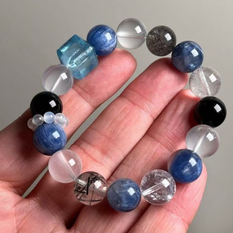 Natural crystal bracelet with aquamarine, white crystal, and white Aseh ghost quartz